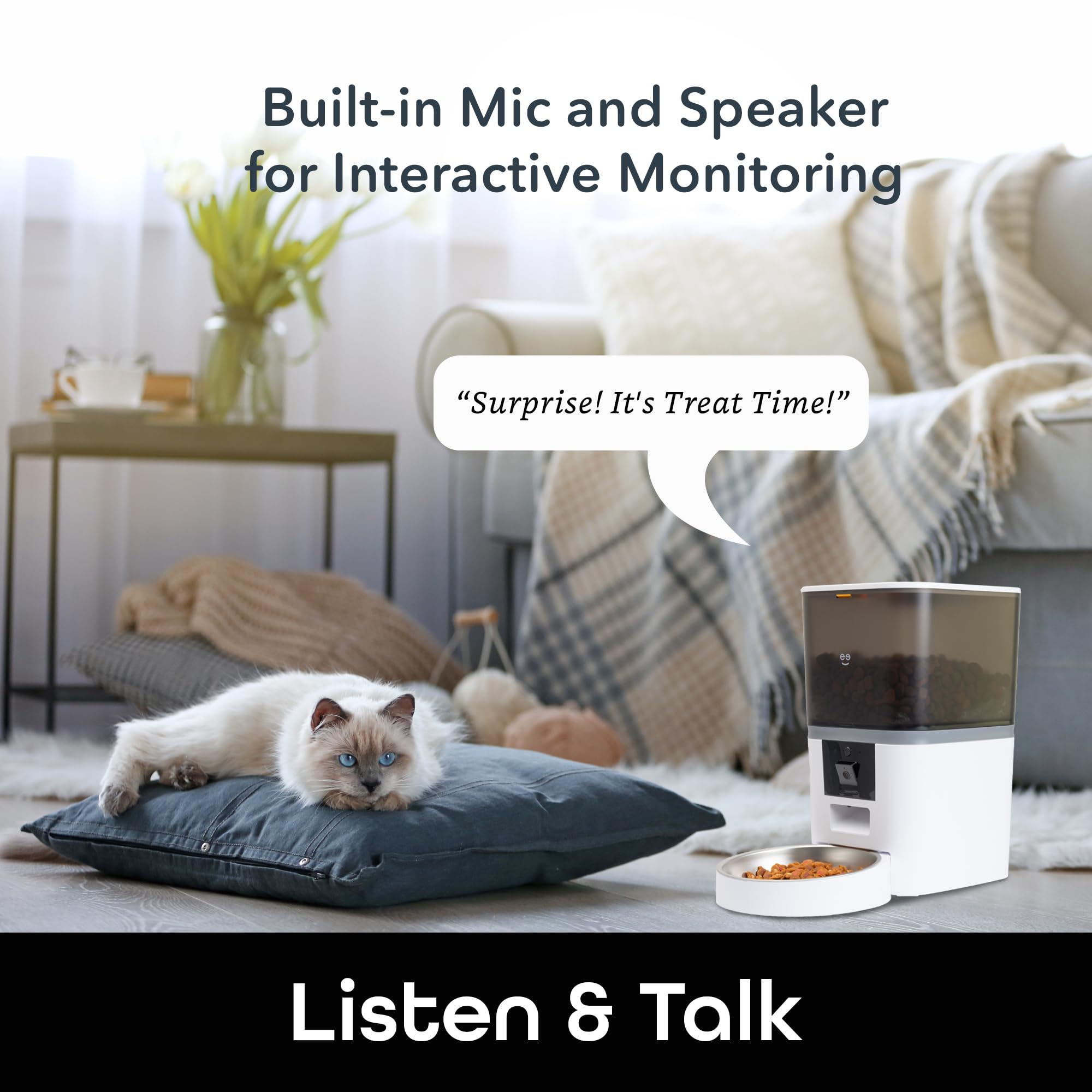 Geeni 6L Smart Pet Feeder with Camera, 1080p HD, Night Vision, Two-Way Audio, Pre-Recorded Messages, WiFi Enabled, Voice Control with Alexa & Google Home, Automatic Cat & Dog Food Dispenser, White - Image 7