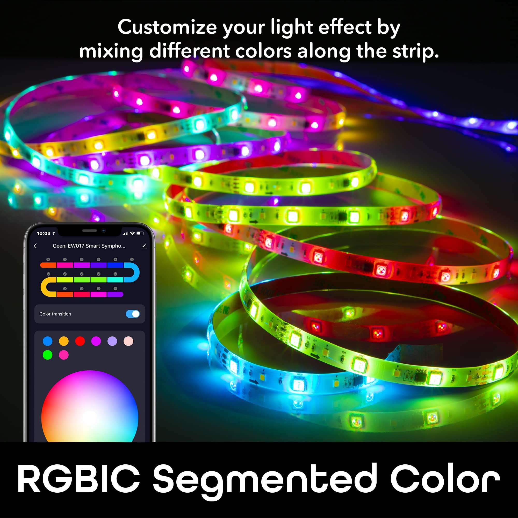 Geeni Prisma Symphony Smart LED Strip Lights, RGBIC Neon Color Changing WiFi Lights with App Remote Control and Music Sync, Compatible with Alexa and Google Home, 16.4 ft - Image 5