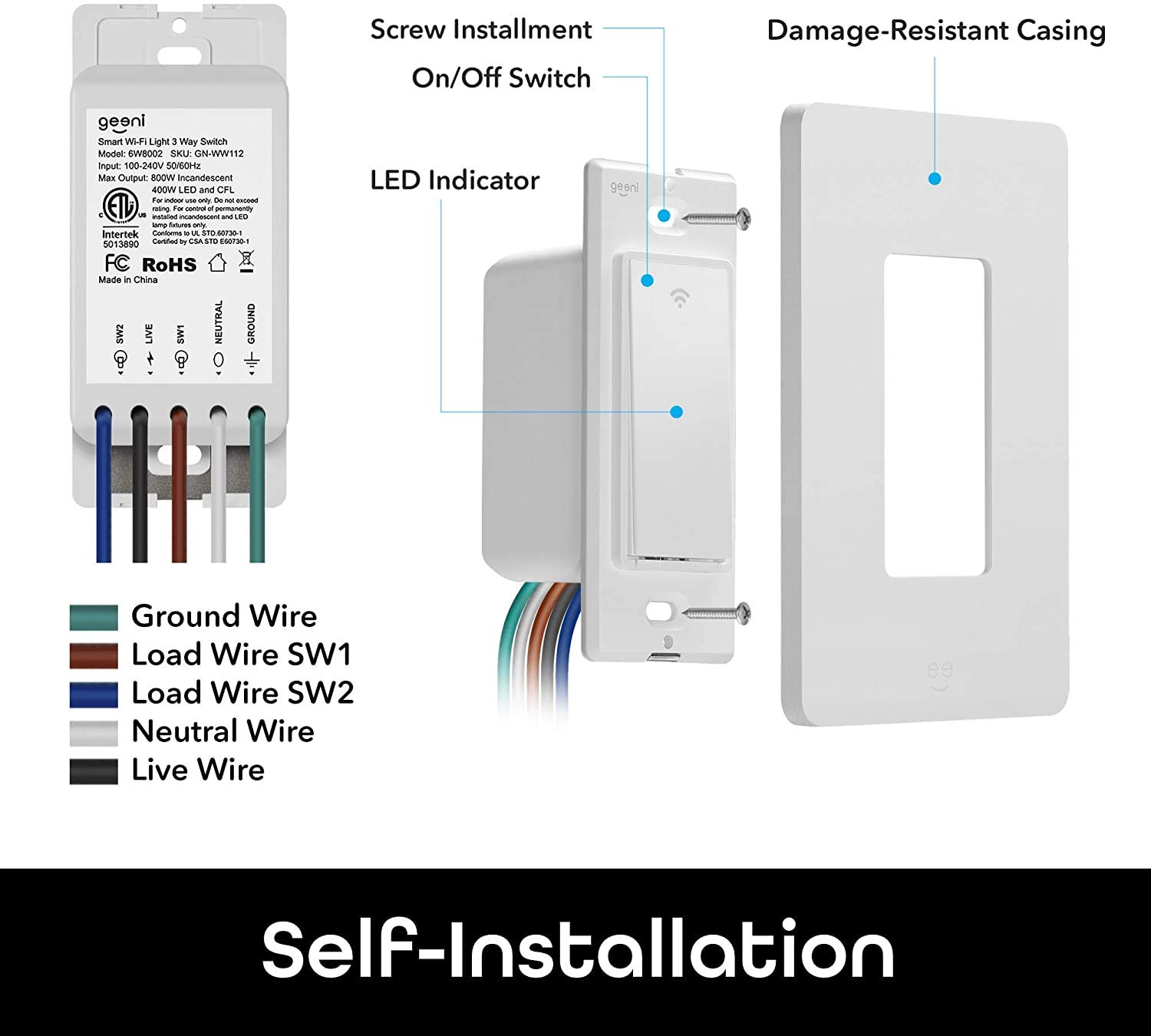 Geeni Smart 3-Way Switch Kit, White, 2-Pack – No Hub Required – Requires Neutral Wire – Smart Light Switch Compatible with Alexa, Google Assistant & Microsoft Cortana, Requires 2.4 GHz Wi-Fi - Image 8