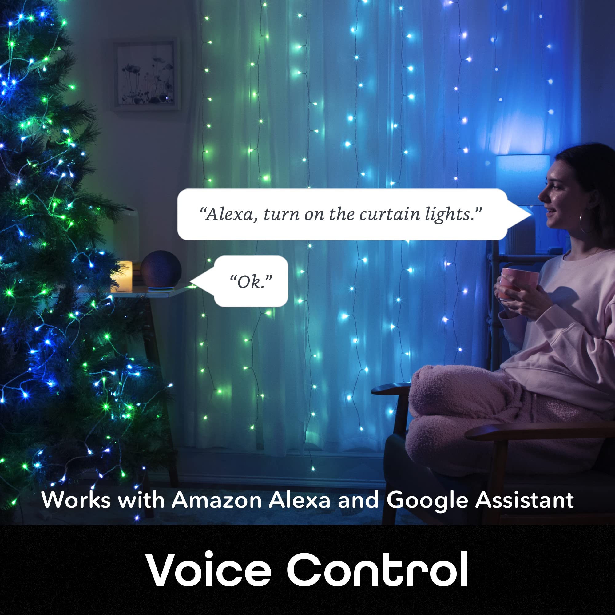 Geeni Smart Cascading Curtain Color String Lights - 6.6ft. x 5ft. Multicolor LED Strand for House, Party, Backdrop, Music Sync with Programmable Wi-Fi, Alexa, Google Home App Controlled - Image 4