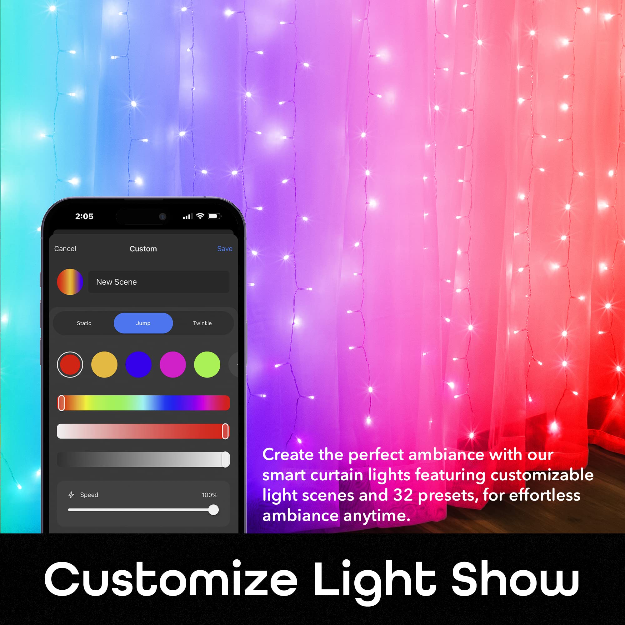 Geeni Smart Cascading Curtain Color String Lights - 6.6ft. x 5ft. Multicolor LED Strand for House, Party, Backdrop, Music Sync with Programmable Wi-Fi, Alexa, Google Home App Controlled - Image 5
