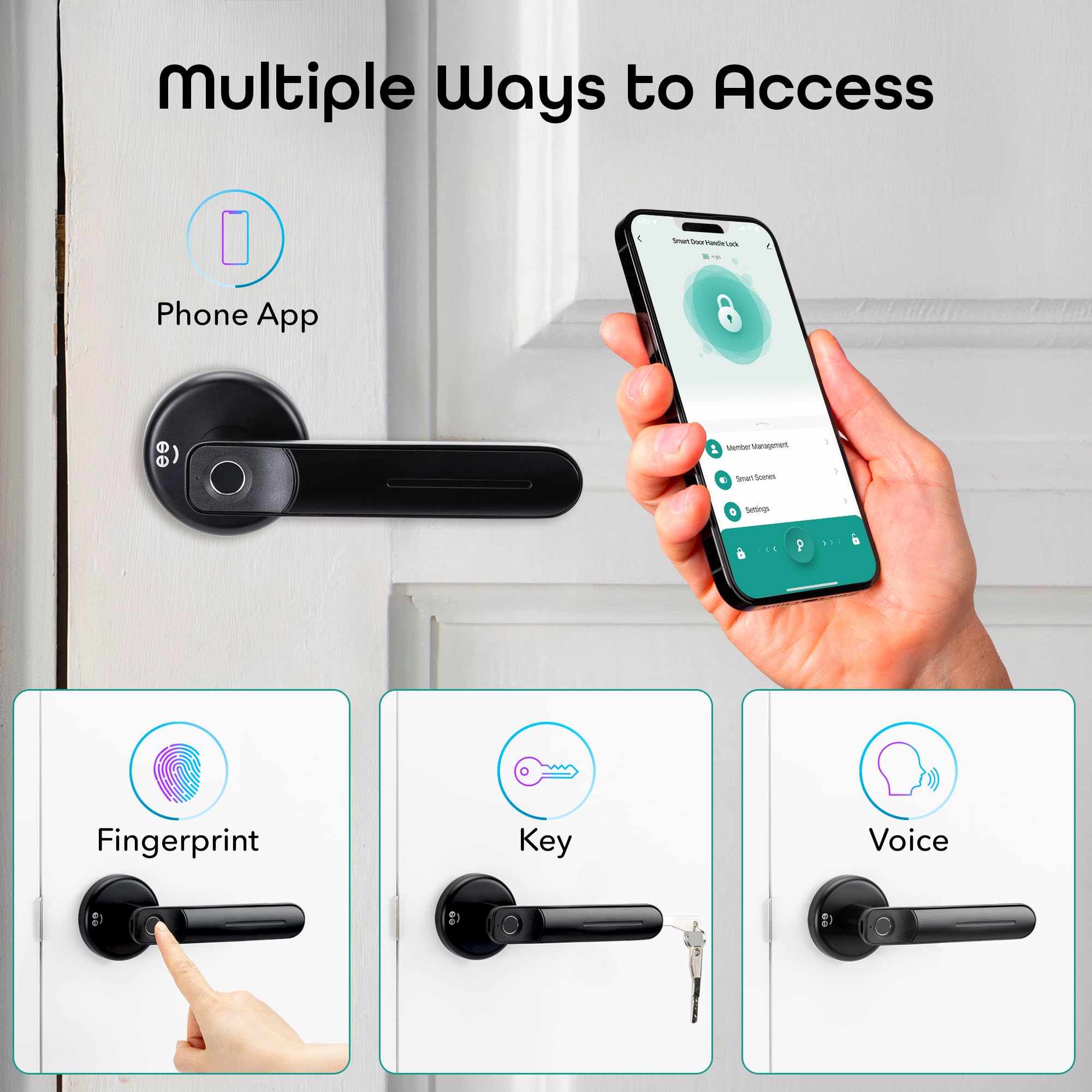 Geeni Smart Fingerprint Door Lock, Battery-Powered Keyless Entry Door Knob Handle with Biometric Finger Print, 2 Keys, Bluetooth Interior/Exterior Bedroom Door Lock, Black - Image 3