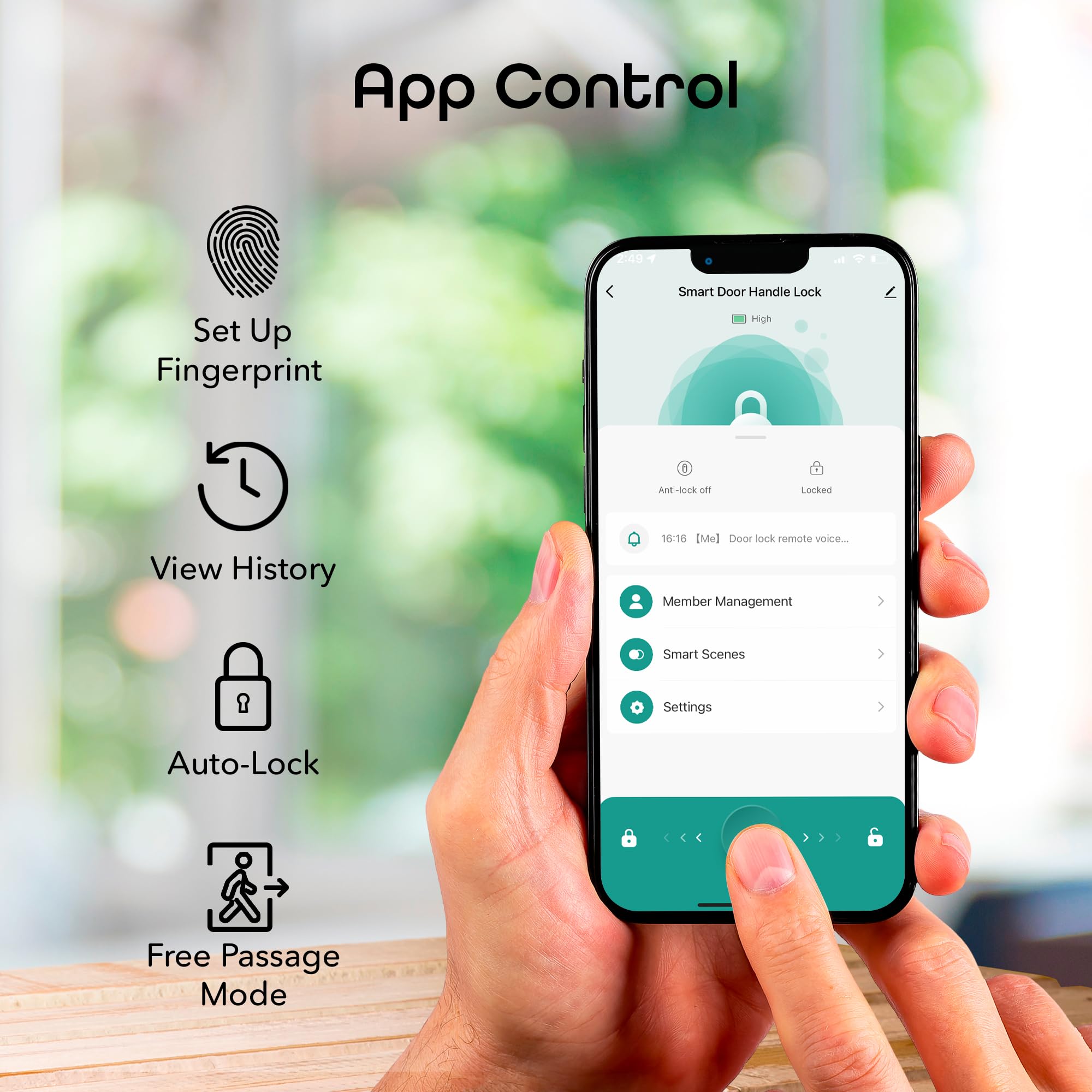 Geeni Smart Fingerprint Door Lock, Battery-Powered Keyless Entry Door Knob Handle with Biometric Finger Print, 2 Keys, Bluetooth Interior/Exterior Bedroom Door Lock, Black - Image 4