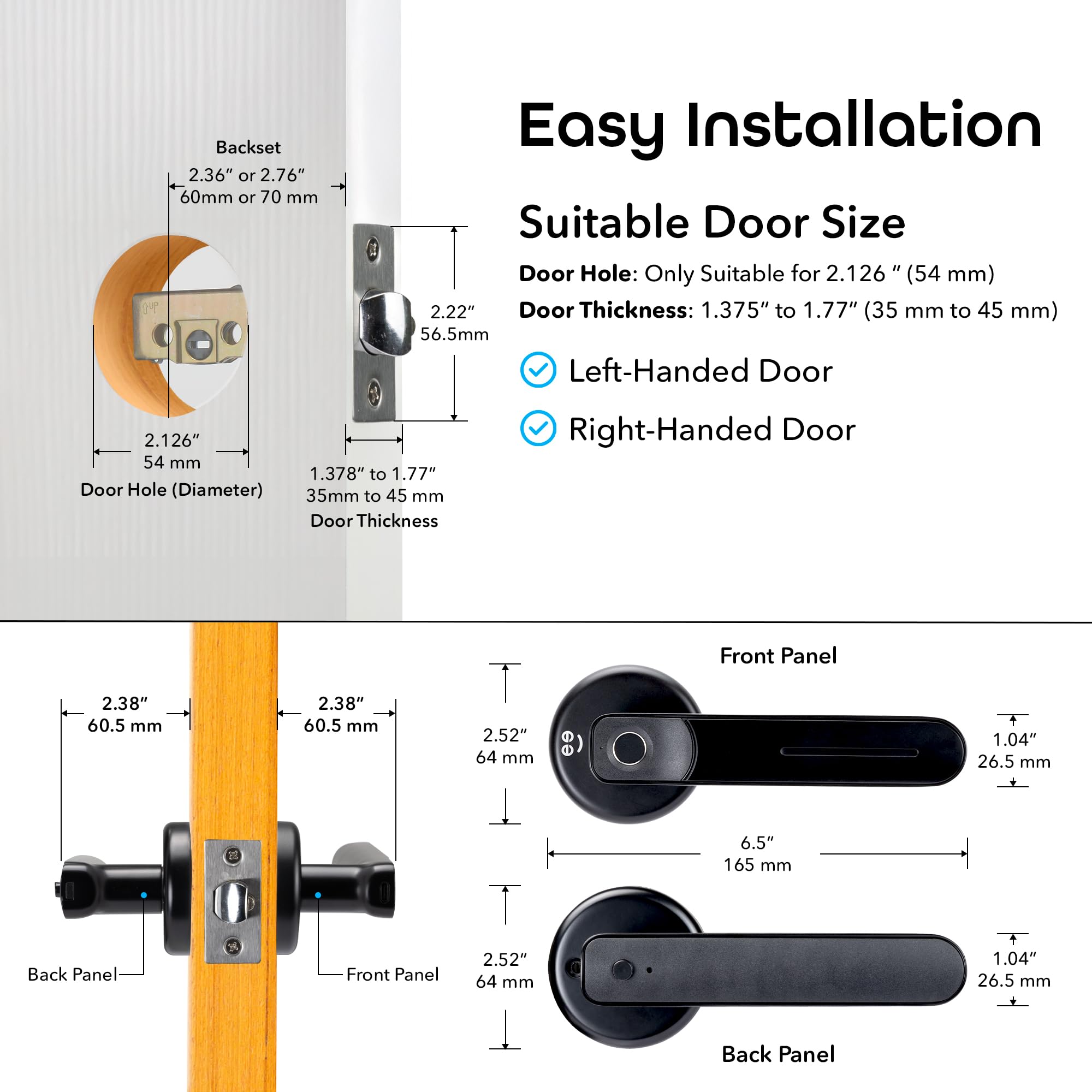 Geeni Smart Fingerprint Door Lock, Battery-Powered Keyless Entry Door Knob Handle with Biometric Finger Print, 2 Keys, Bluetooth Interior/Exterior Bedroom Door Lock, Black - Image 8